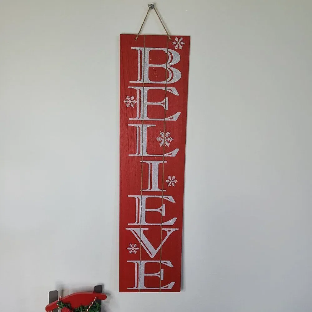 Christmas Holiday Home Decor Lot Includes Red Believe Sign Sleigh Flannel Basket